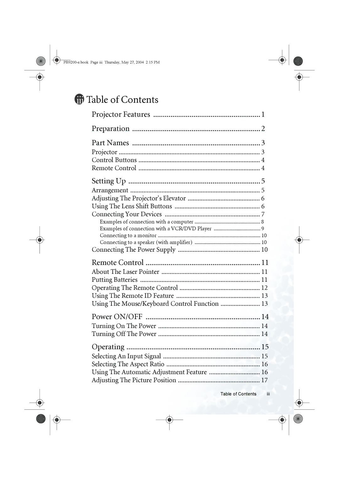 BenQ PB9200 user manual Table of Contents 