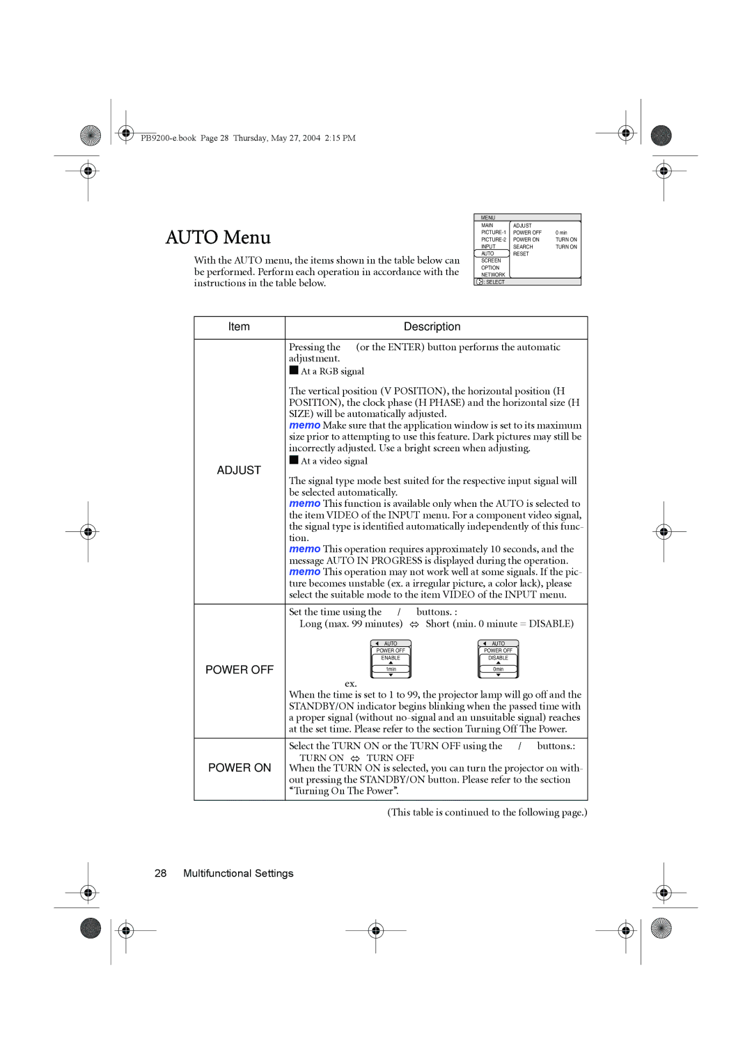 BenQ PB9200 user manual Auto Menu, Adjust, Power OFF 