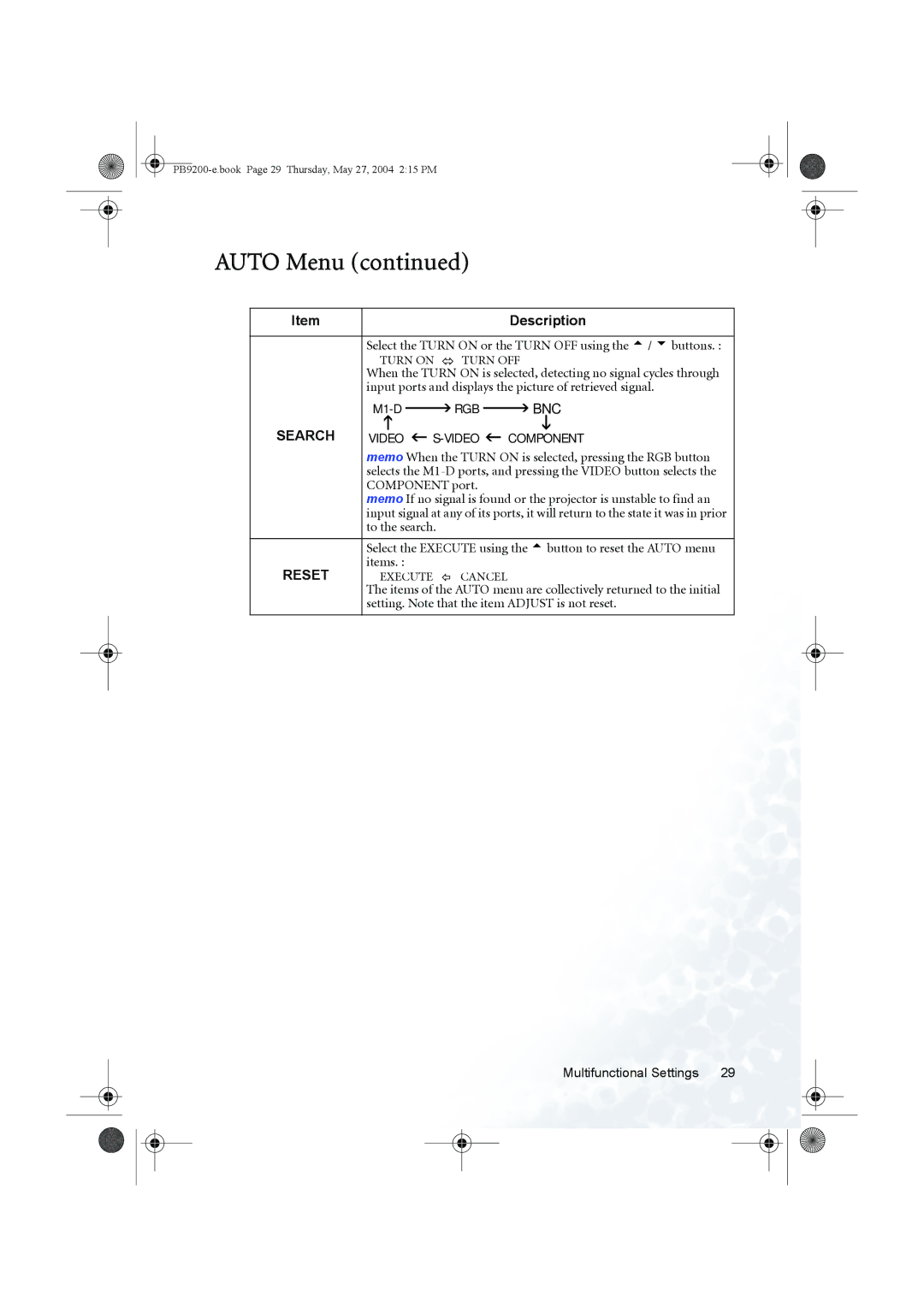 BenQ PB9200 user manual Search, Video Component 