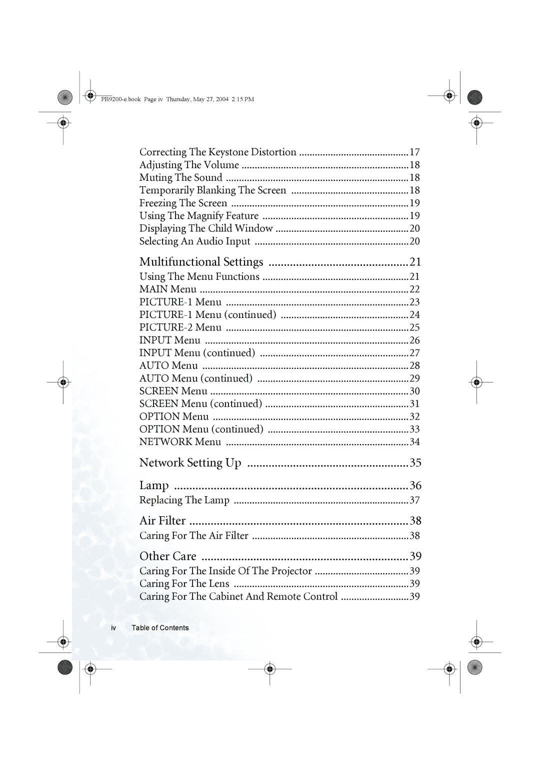 BenQ PB9200 user manual Multifunctional Settings, Iv Table of Contents 