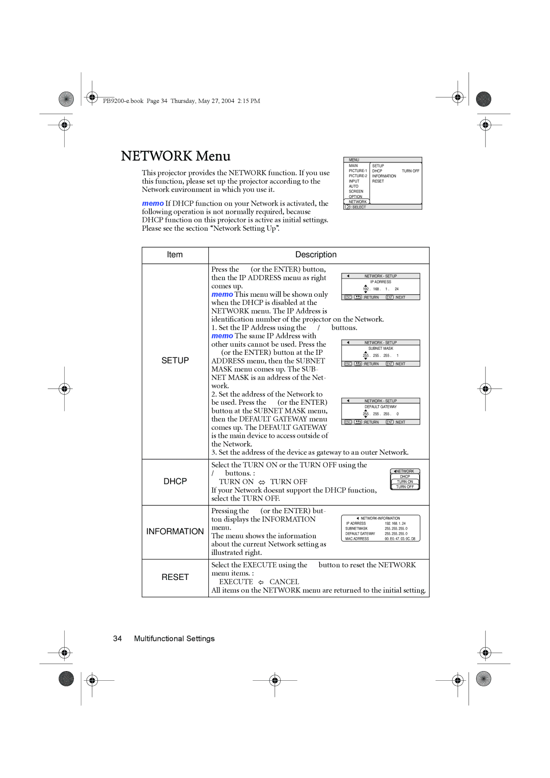 BenQ PB9200 user manual Network Menu, Setup, Dhcp 