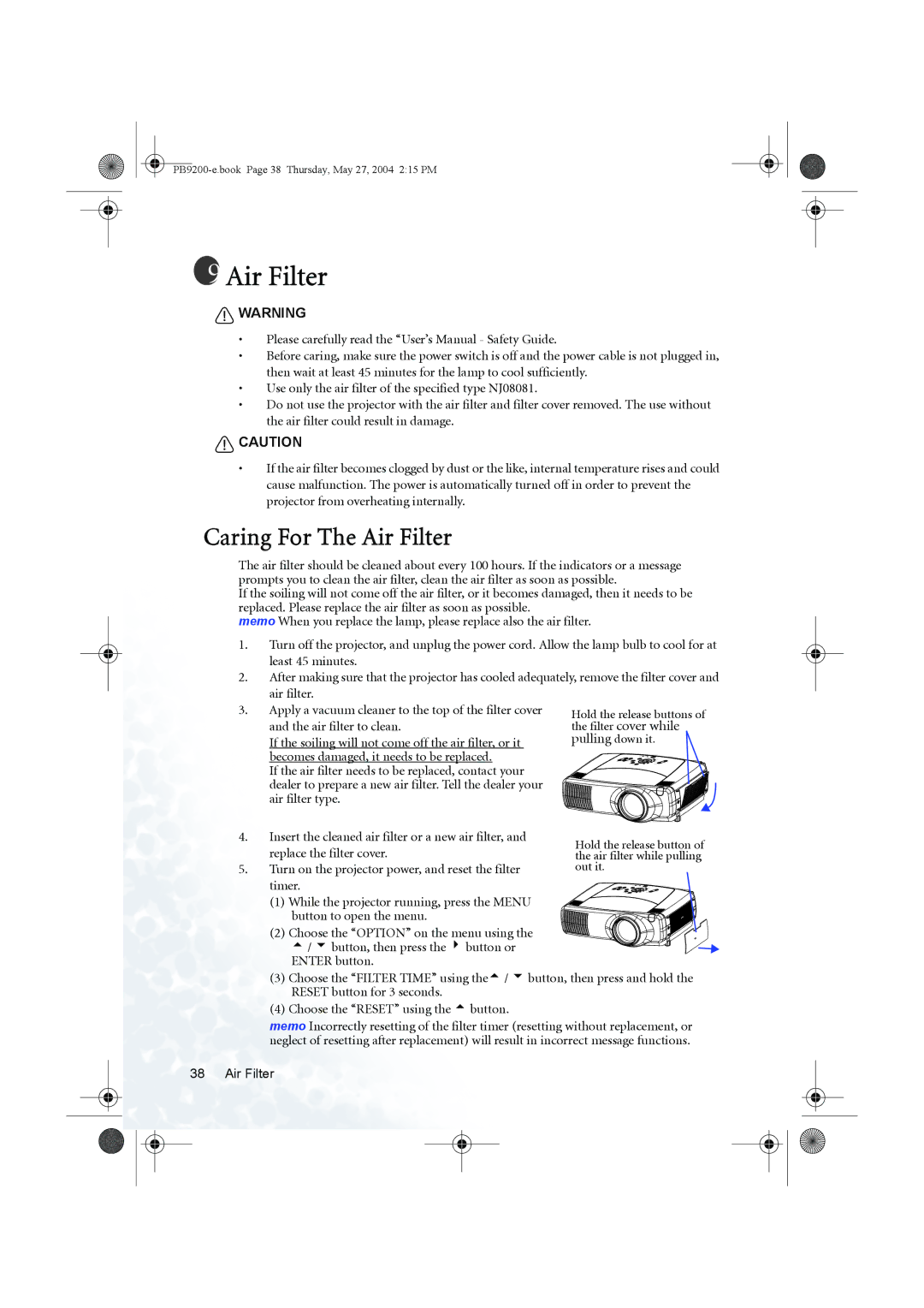 BenQ PB9200 user manual Caring For The Air Filter 