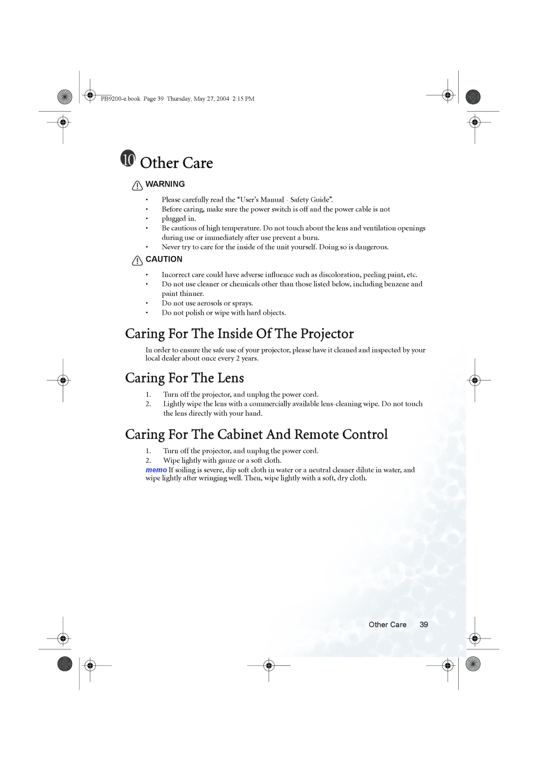 BenQ PB9200 user manual Other Care, Caring For The Inside Of The Projector, Caring For The Lens 