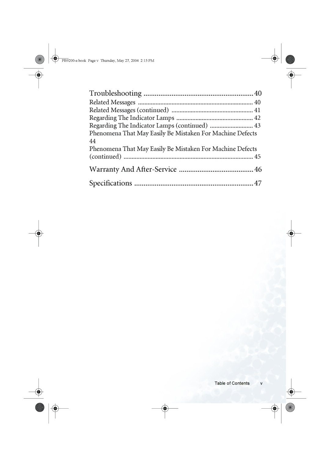 BenQ PB9200 user manual Troubleshooting, Table of Contents 