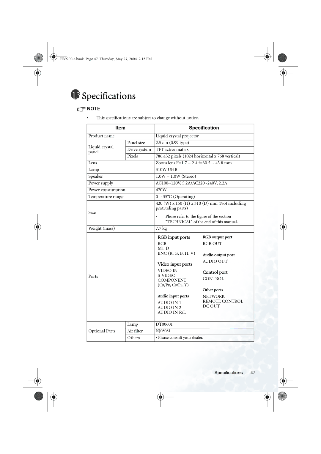 BenQ PB9200 user manual Specifications, RGB input ports, Video input ports, Control port 