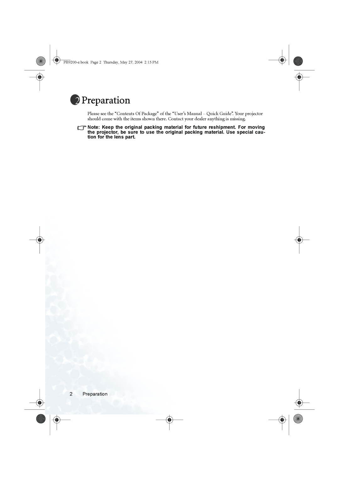 BenQ PB9200 user manual Preparation 