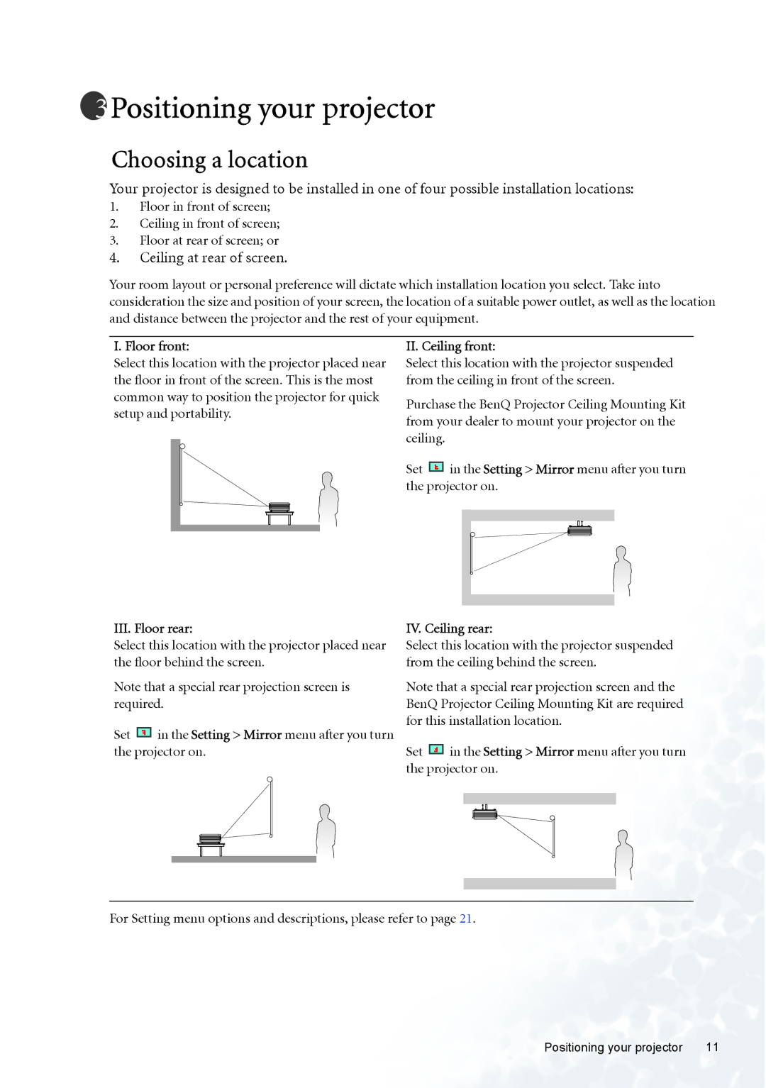 BenQ PE5120 user manual Positioning your projector, Choosing a location 