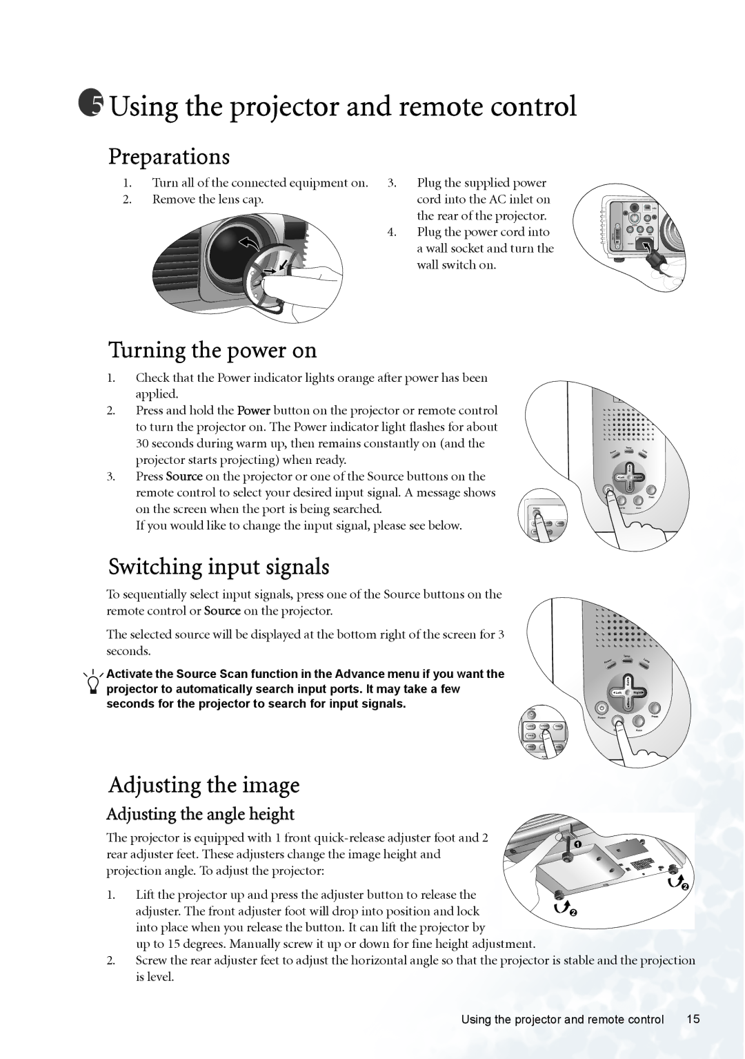 BenQ PE5120 user manual Using the projector and remote control, Preparations, Turning the power on, Switching input signals 