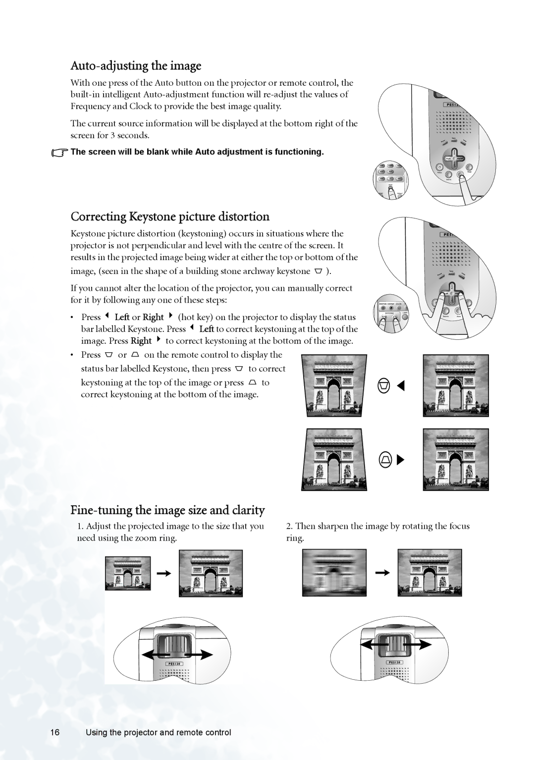 BenQ PE5120 user manual Auto-adjusting the image, Correcting Keystone picture distortion 