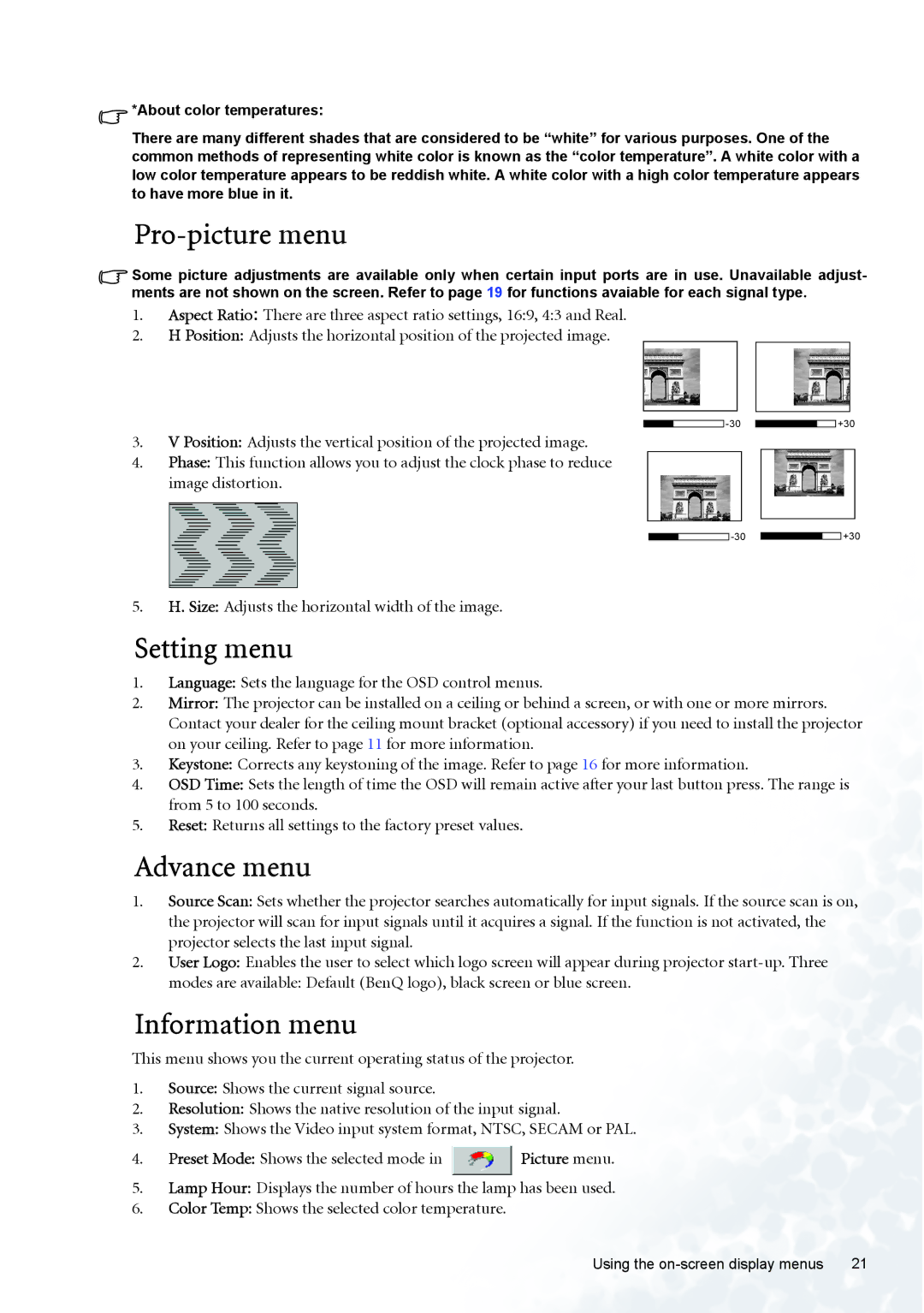 BenQ PE5120 user manual Pro-picture menu, Setting menu, Advance menu, Information menu 