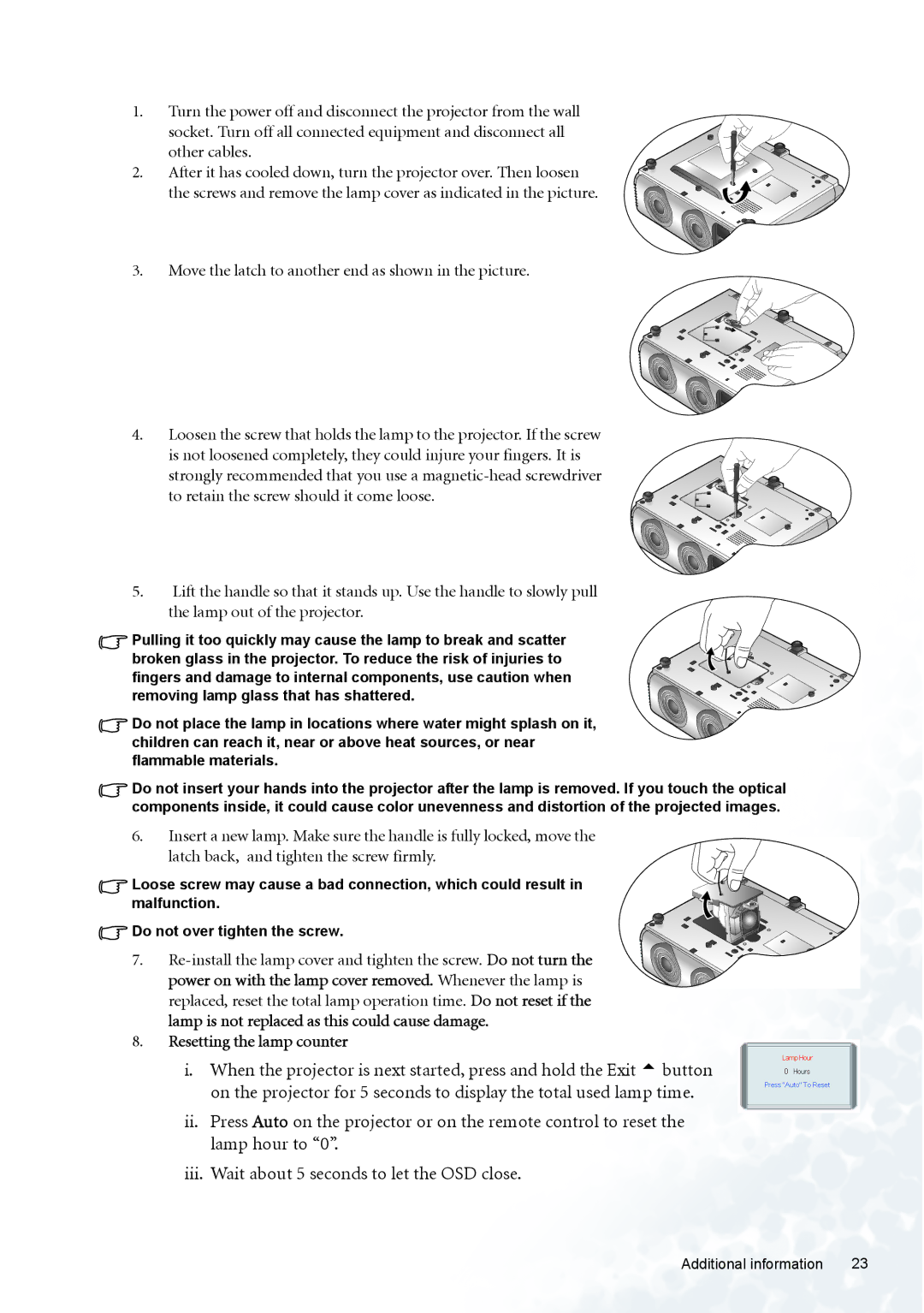 BenQ PE5120 user manual Move the latch to another end as shown in the picture, Resetting the lamp counter 