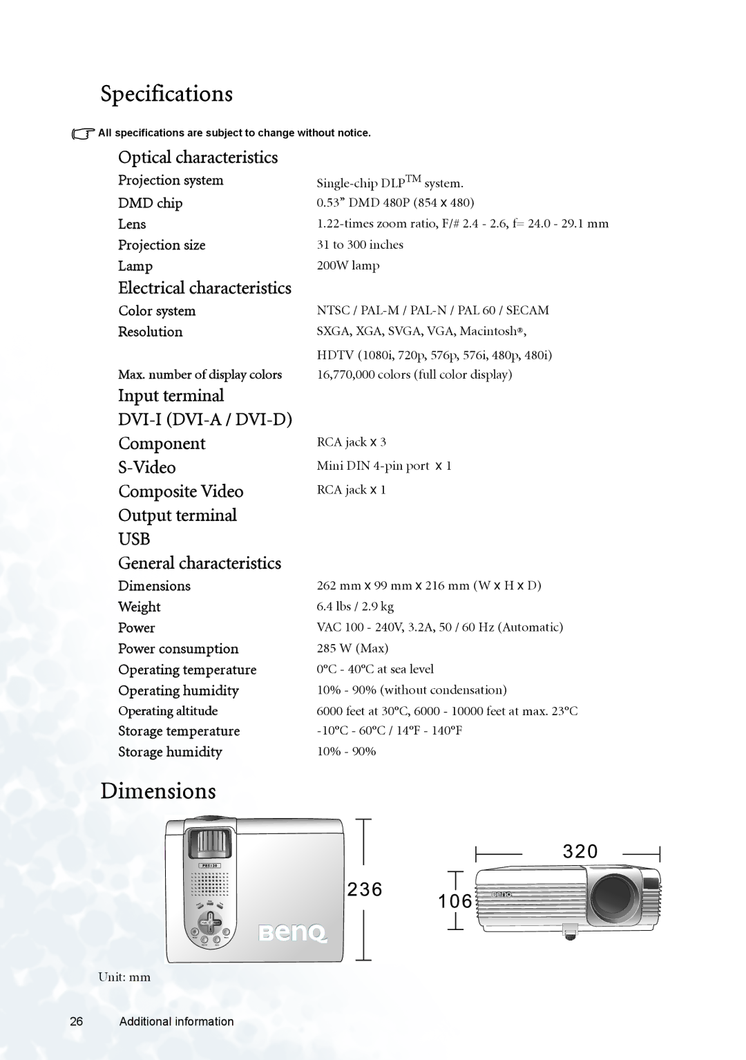 BenQ PE5120 user manual Specifications, Dimensions, Optical characteristics, Input terminal DVI-I DVI-A / DVI-D Component 