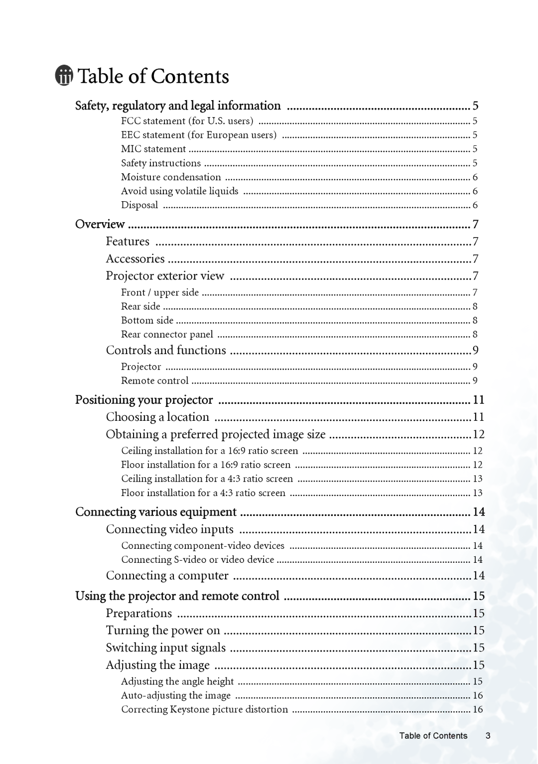 BenQ PE5120 user manual Table of Contents 