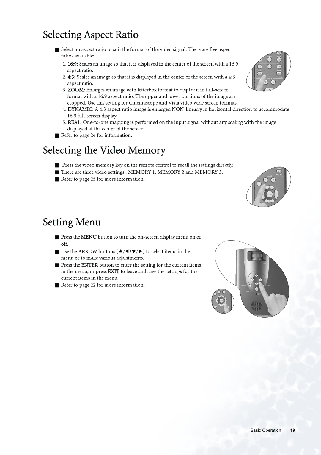 BenQ PE6800 user manual Selecting Aspect Ratio, Selecting the Video Memory, Setting Menu 