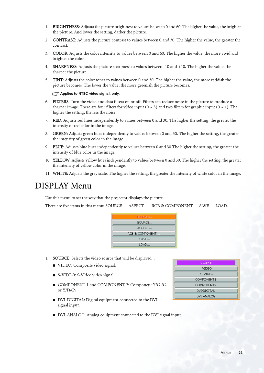 BenQ PE6800 user manual Display Menu 