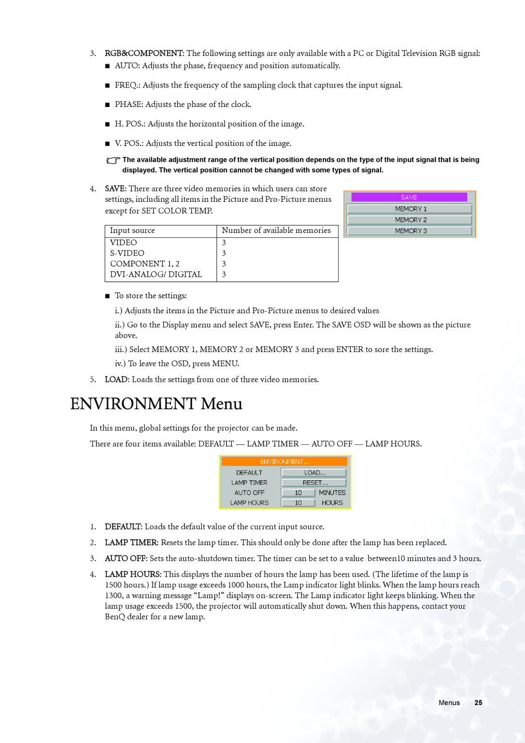 BenQ PE6800 user manual Environment Menu, Video Component 1 DVI-ANALOG/ Digital 