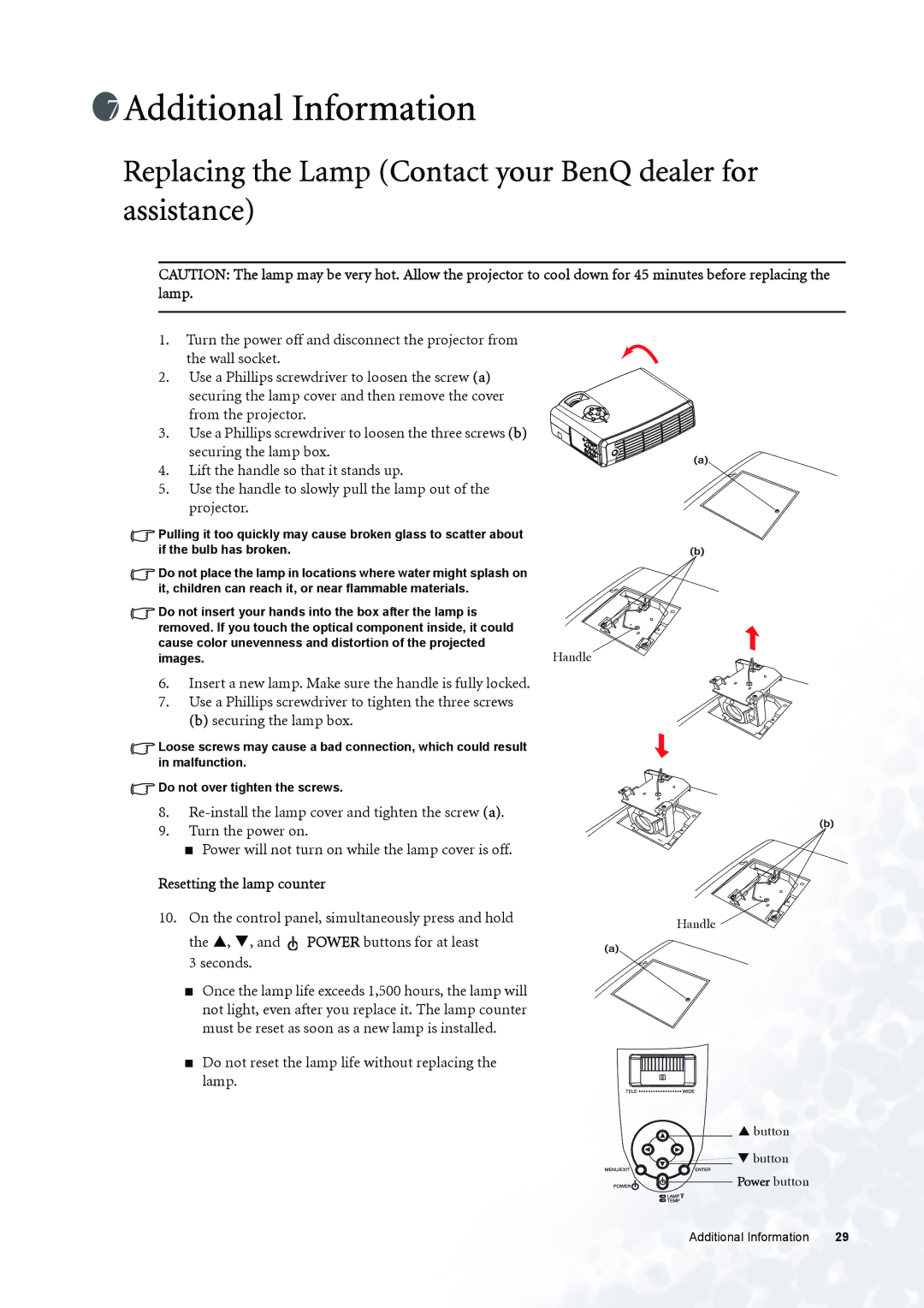 BenQ PE6800 Additional Information, Replacing the Lamp Contact your BenQ dealer for assistance, Resetting the lamp counter 