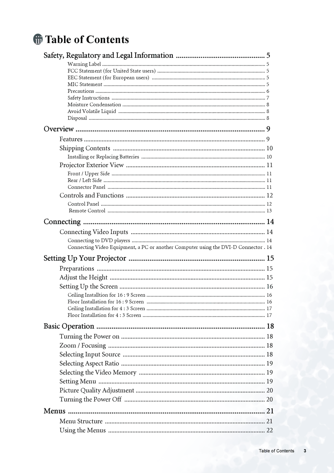 BenQ PE6800 user manual Table of Contents 