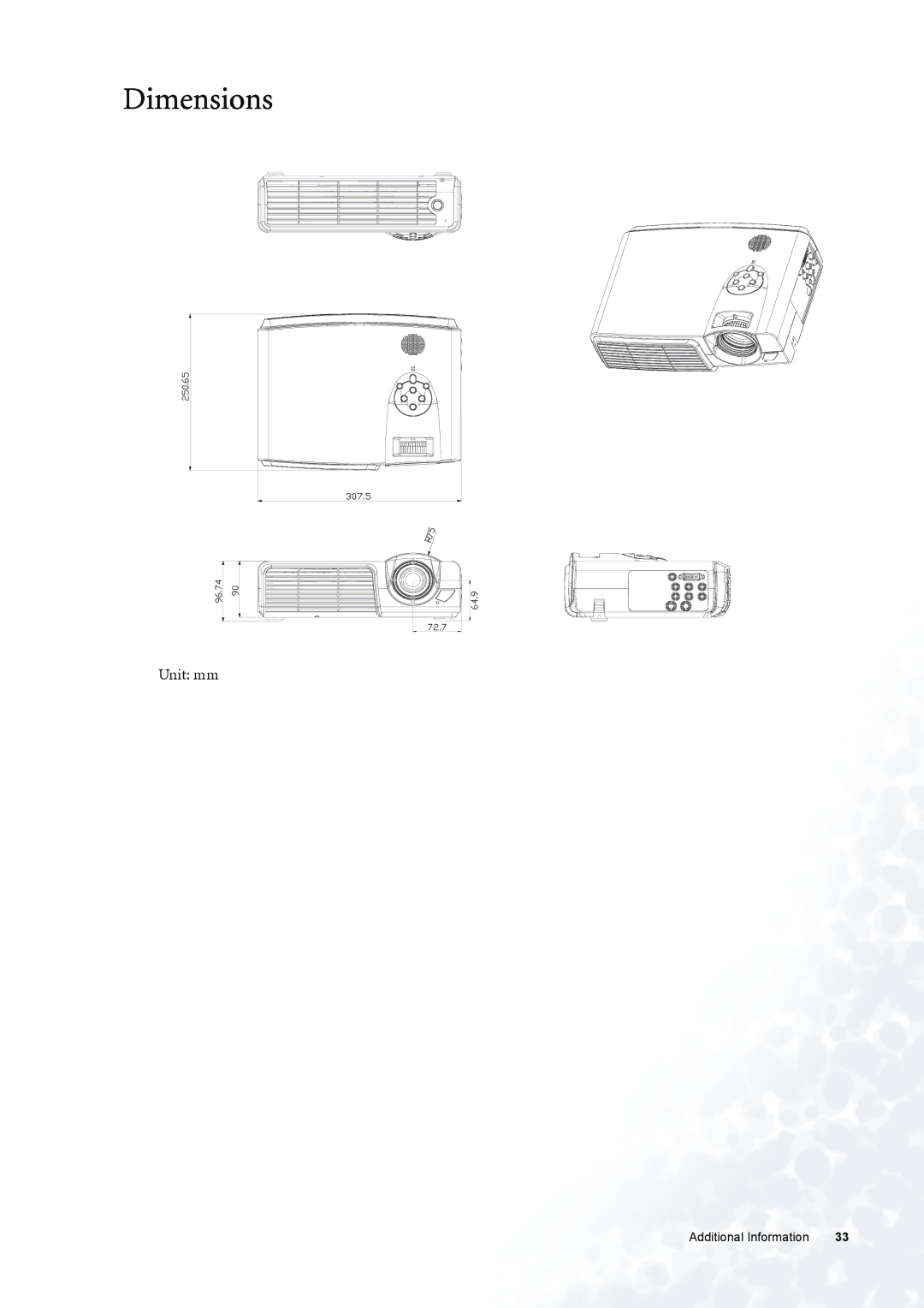 BenQ PE6800 user manual Dimensions, Unit mm 