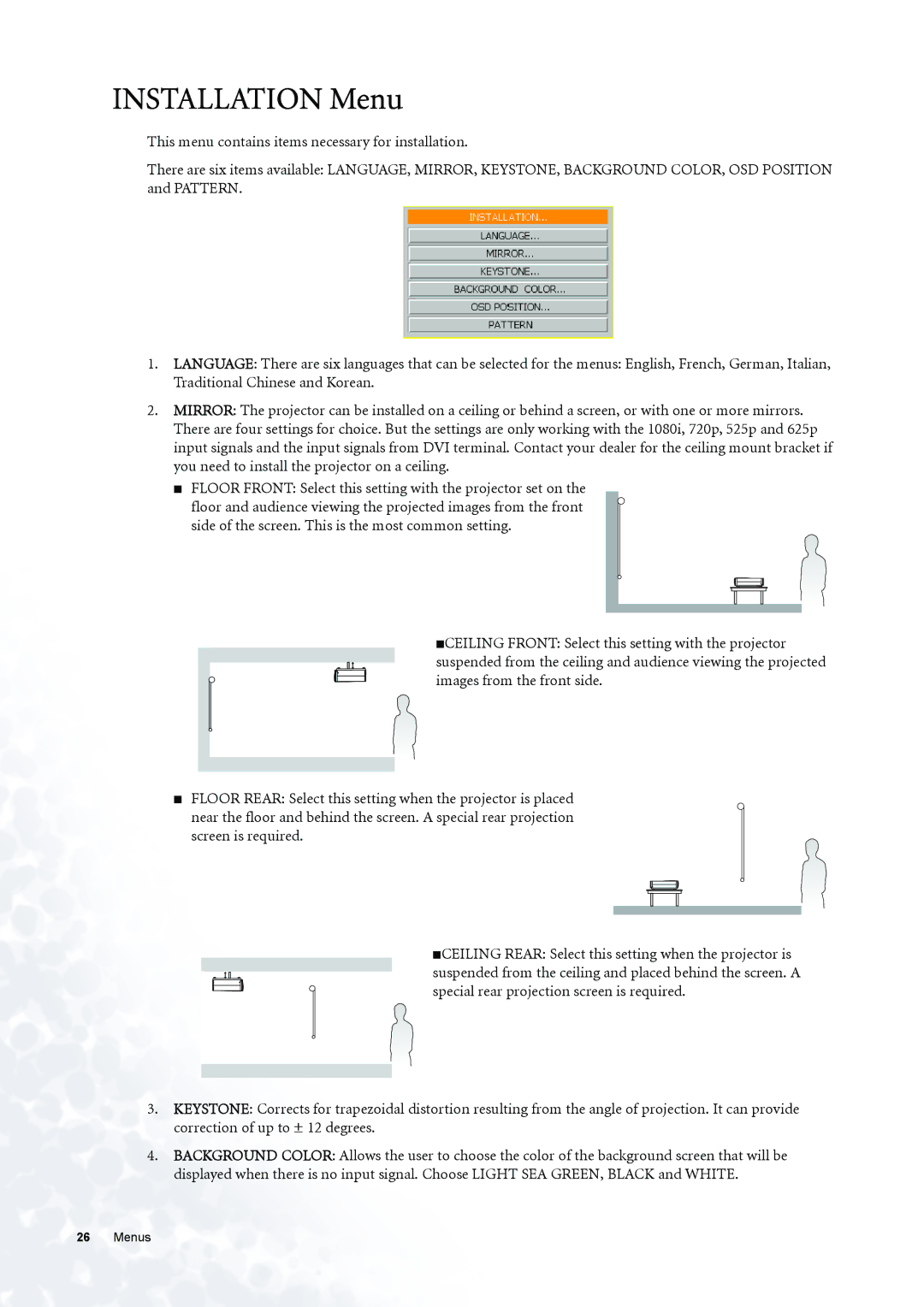 BenQ PE6800 user manual Installation Menu 