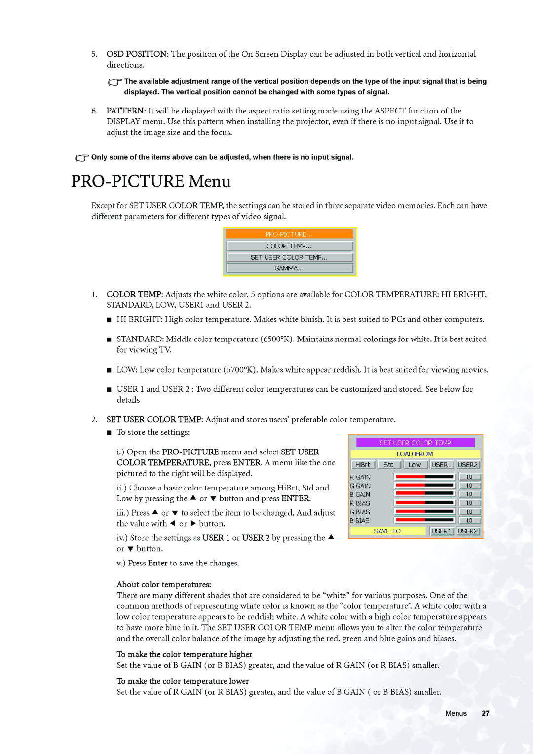 BenQ PE6800 user manual PRO-PICTURE Menu, About color temperatures, To make the color temperature higher 