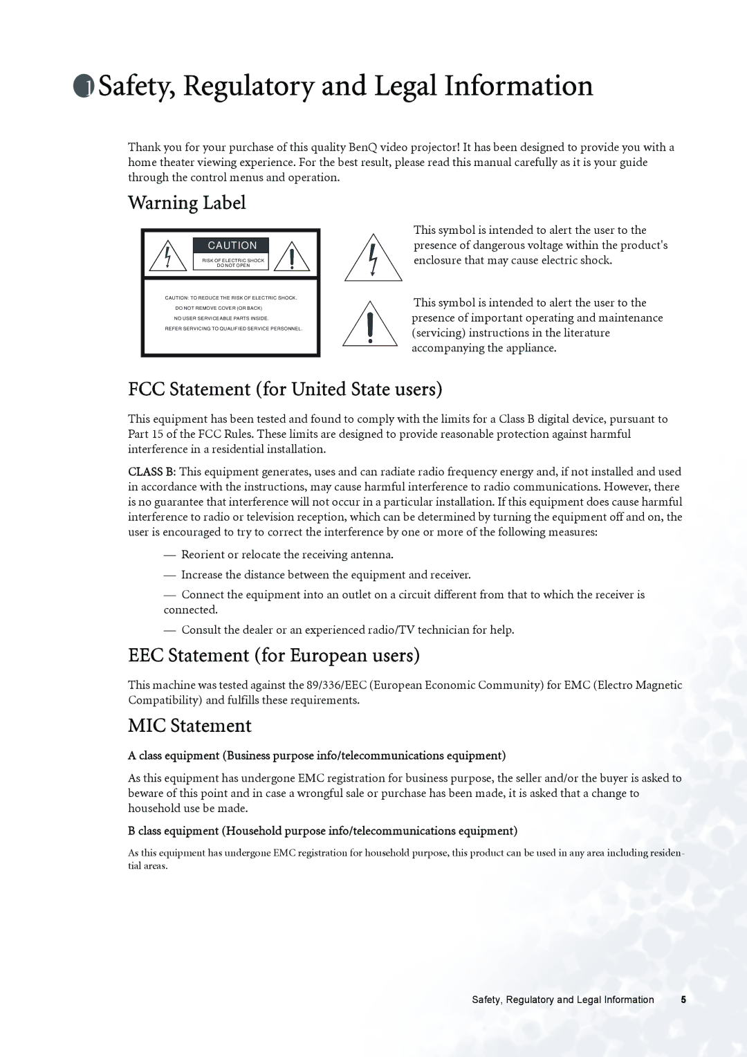 BenQ PE6800 user manual Safety, Regulatory and Legal Information, FCC Statement for United State users, MIC Statement 