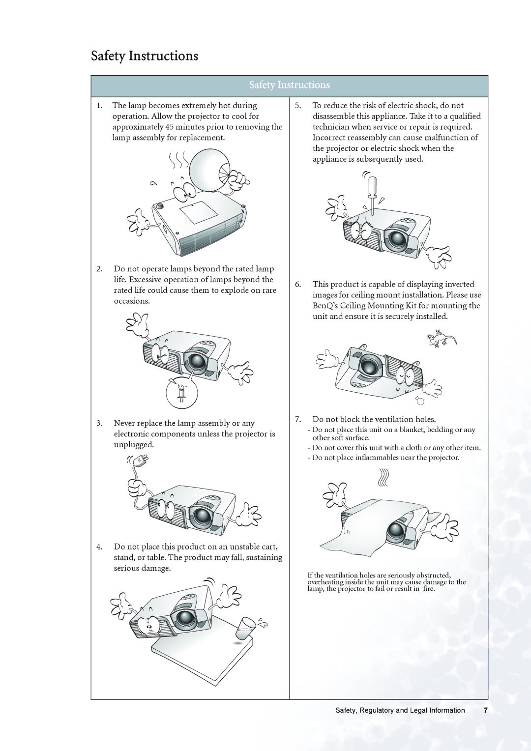 BenQ PE6800 user manual Safety Instructions, Do not block the ventilation holes 