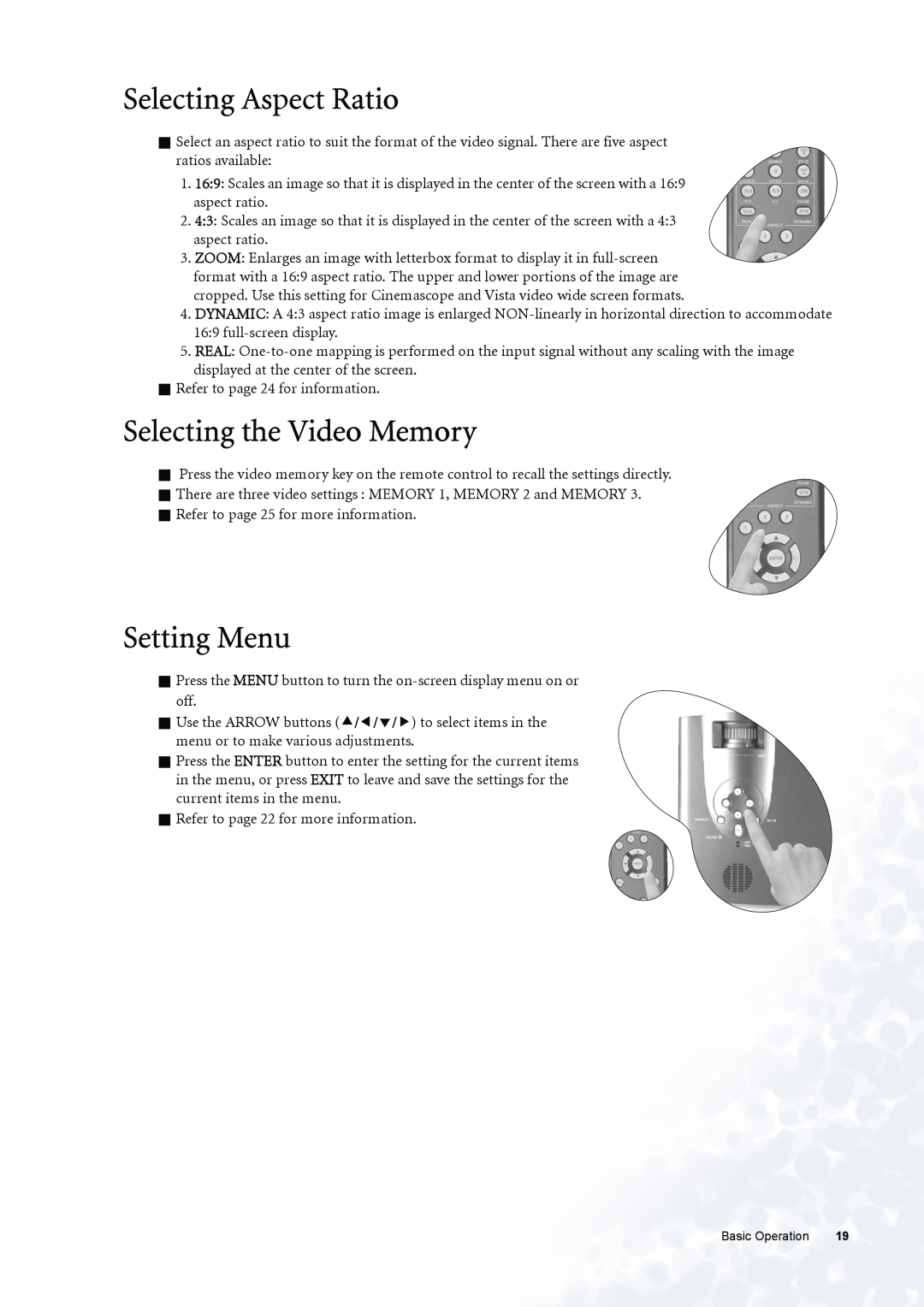 BenQ PE6800 user manual Selecting Aspect Ratio, Selecting the Video Memory, Setting Menu 