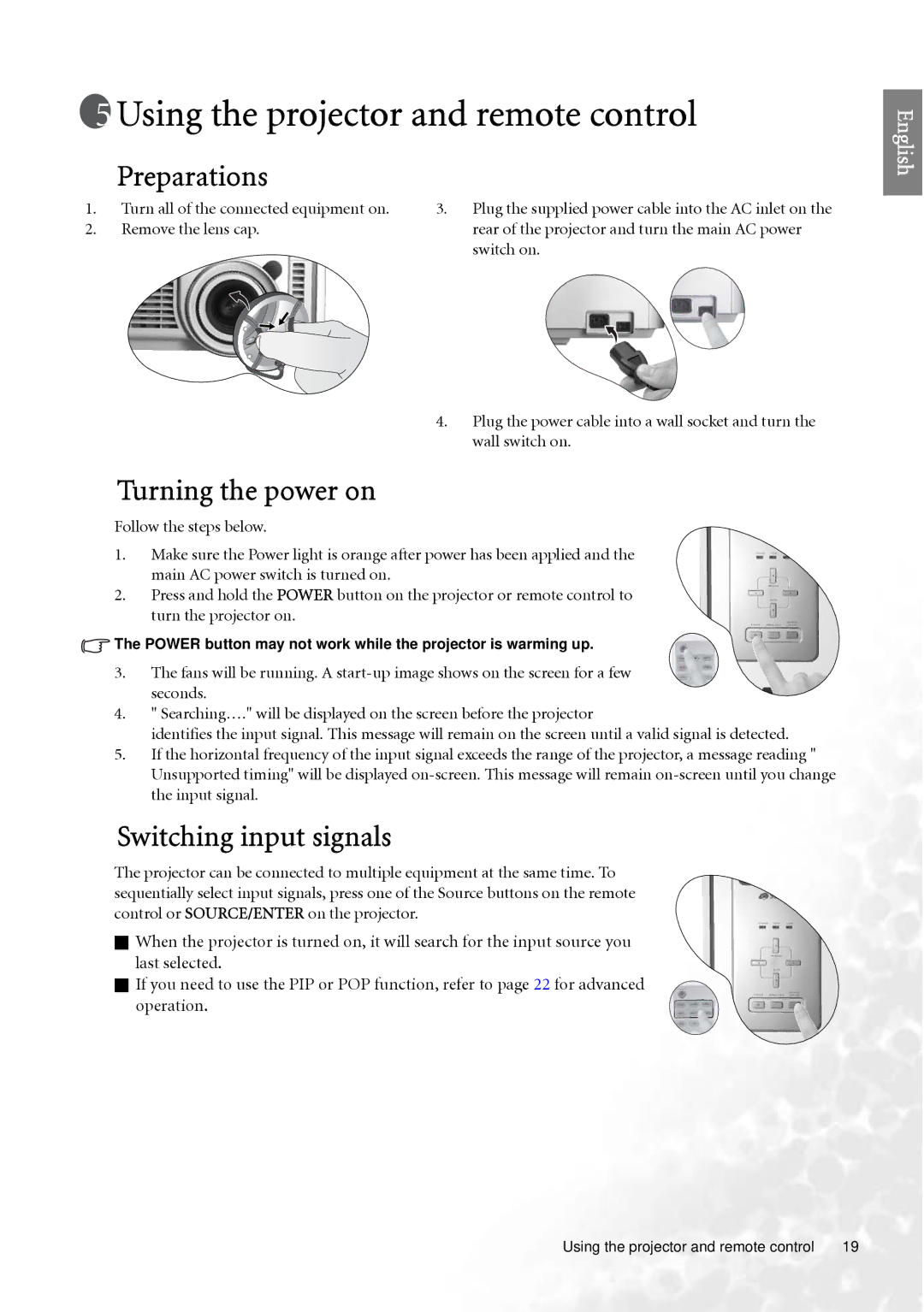 BenQ PE7700 user manual Using the projector and remote control, Preparations, Turning the power on, Switching input signals 