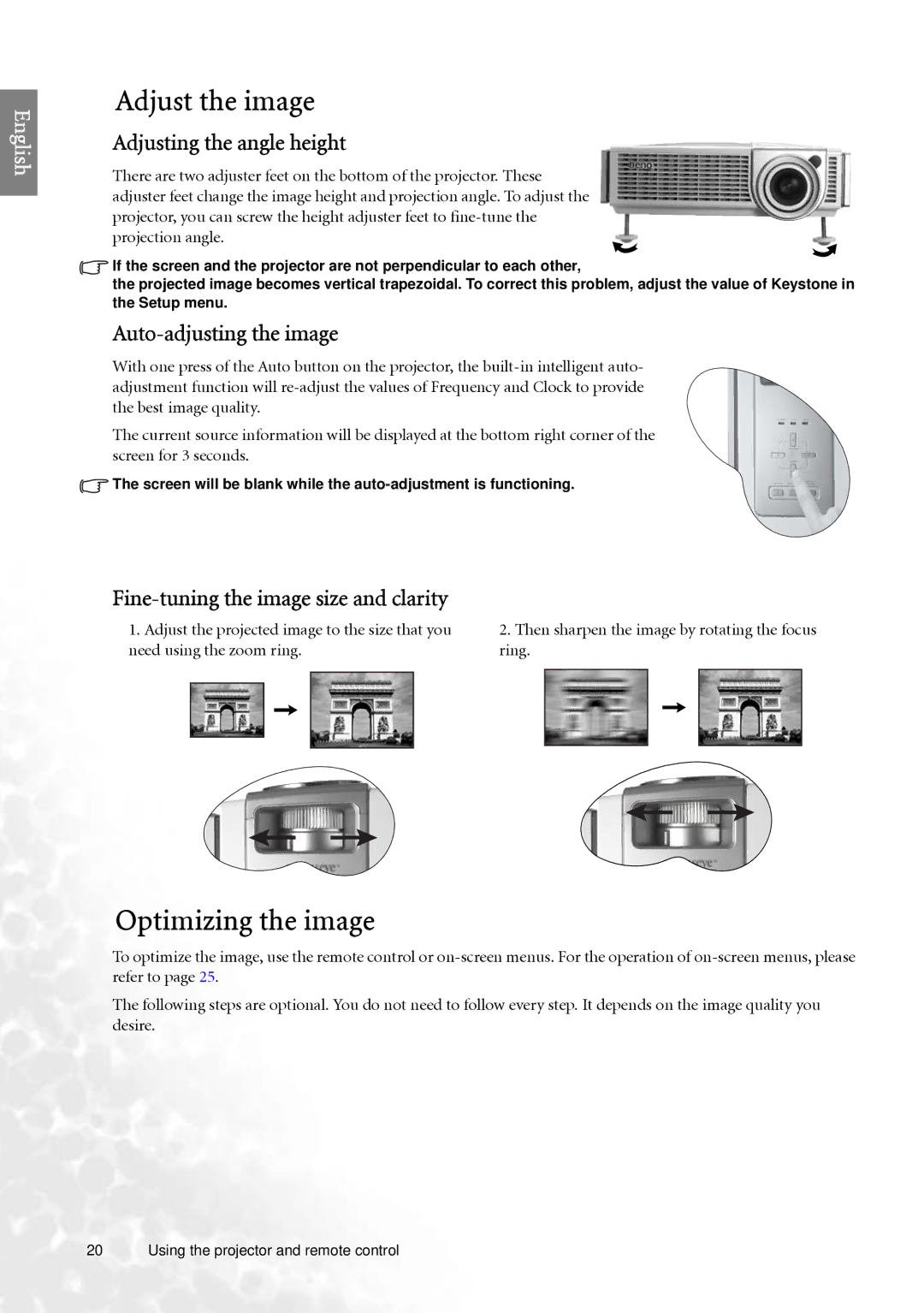 BenQ PE7700 user manual Adjust the image, Optimizing the image, Adjusting the angle height, Auto-adjusting the image 