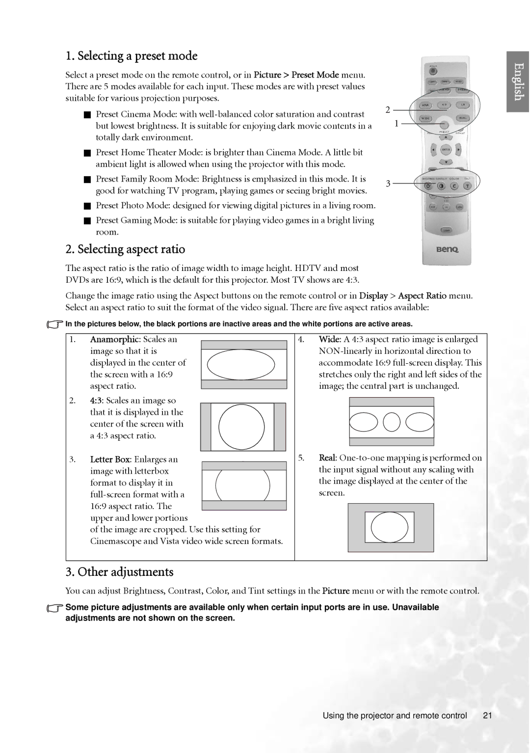 BenQ PE7700 user manual Selecting a preset mode, Selecting aspect ratio, Other adjustments, Letter Box Enlarges an 