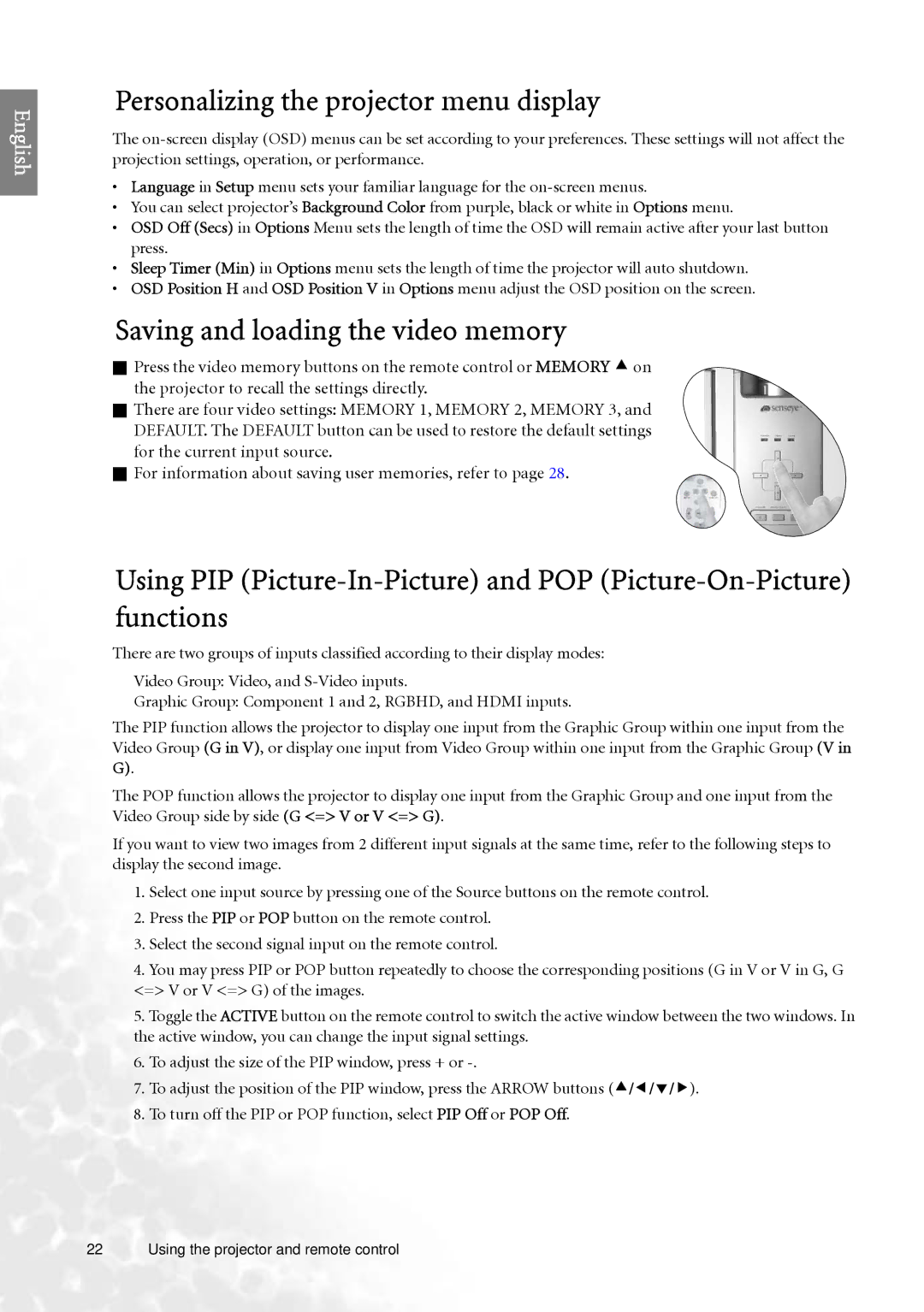 BenQ PE7700 user manual Personalizing the projector menu display, Saving and loading the video memory 