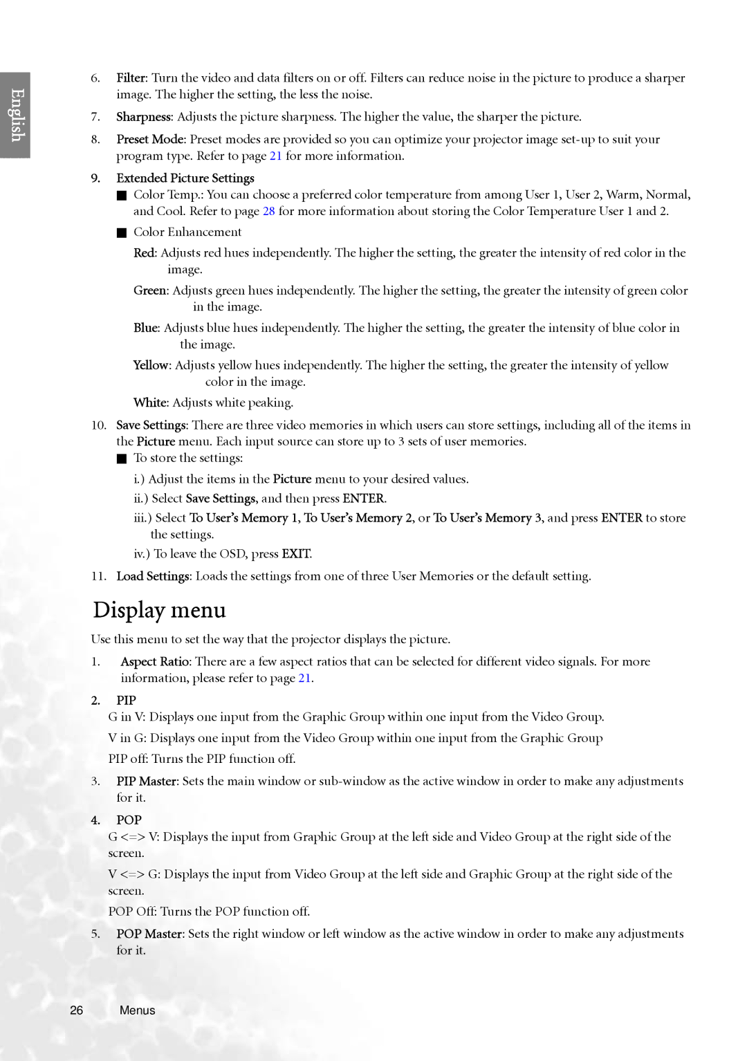 BenQ PE7700 user manual Display menu, Extended Picture Settings, Pip, Pop 