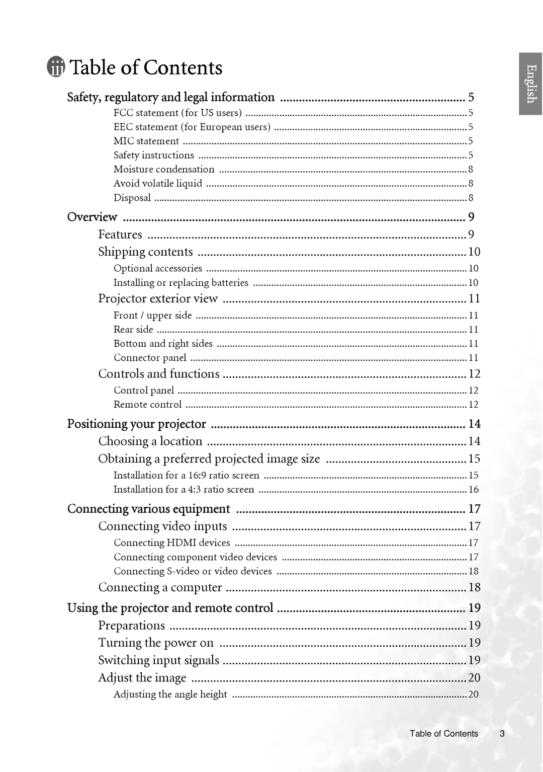 BenQ PE7700 user manual Table of Contents 