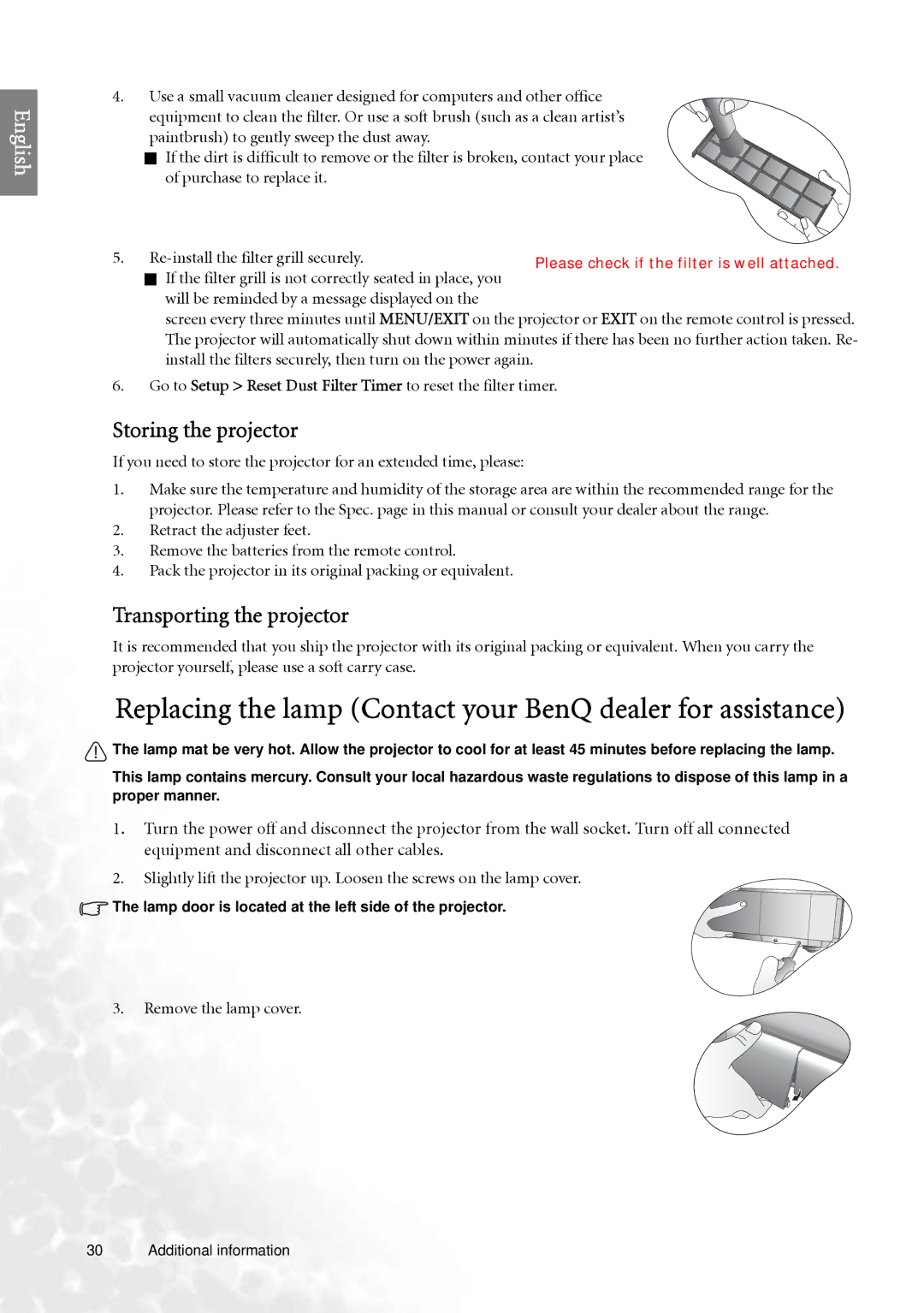 BenQ PE7700 user manual Storing the projector, Transporting the projector, Remove the lamp cover 