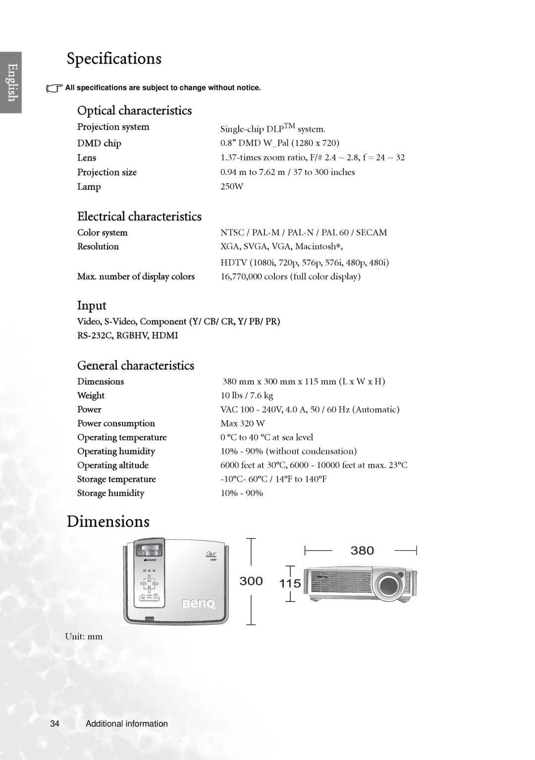 BenQ PE7700 user manual Specifications, Dimensions 