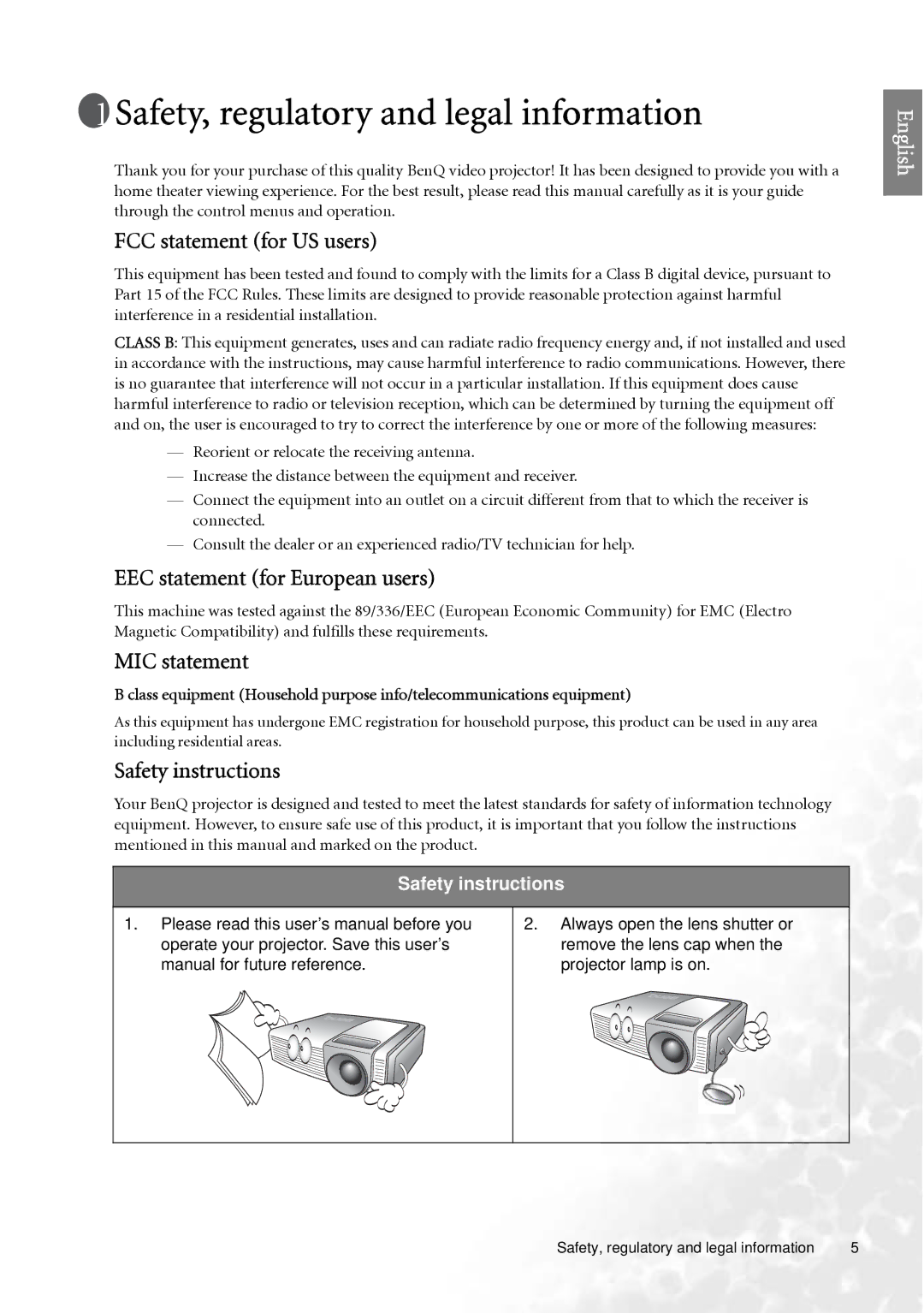 BenQ PE7700 Safety, regulatory and legal information, FCC statement for US users, EEC statement for European users 