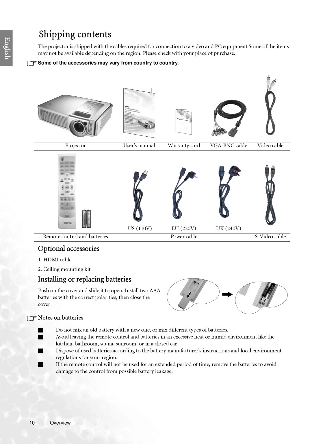 BenQ PE7700 user manual Shipping contents, Optional accessories, Installing or replacing batteries, English 