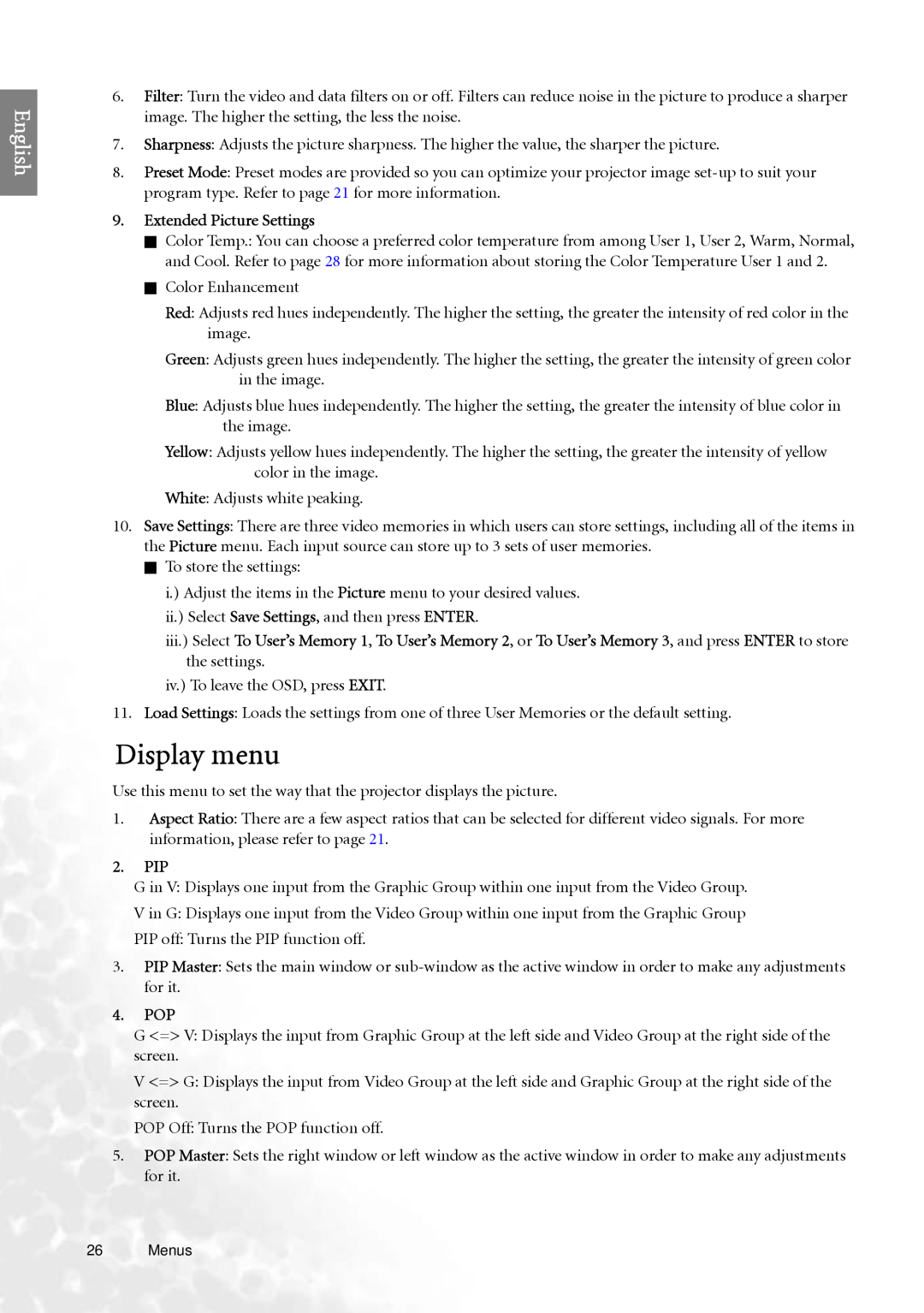 BenQ PE7700 user manual Display menu, English, Extended Picture Settings, Pip, Pop 