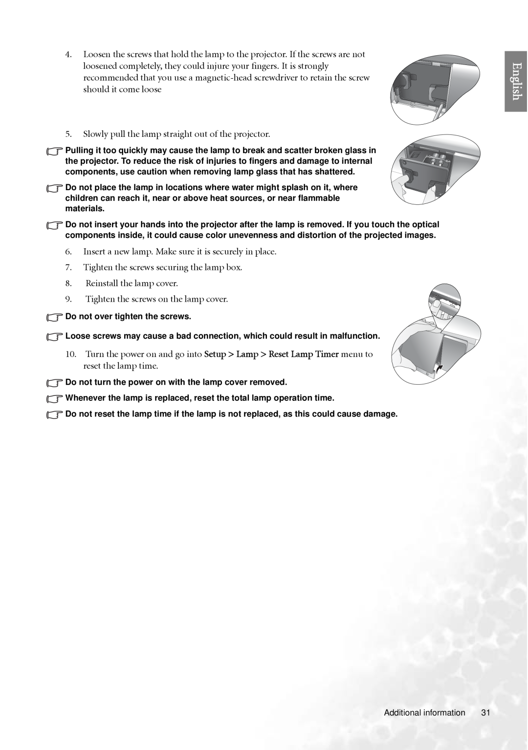 BenQ PE7700 user manual English, Slowly pull the lamp straight out of the projector 