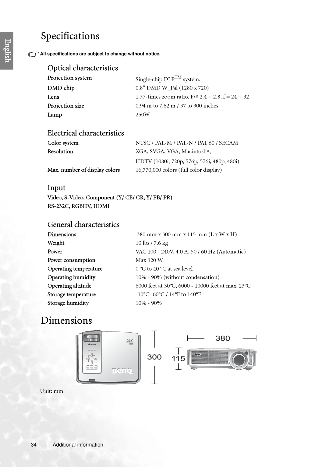 BenQ PE7700 Specifications, Dimensions, Optical characteristics, Electrical characteristics, Input, English, Color system 