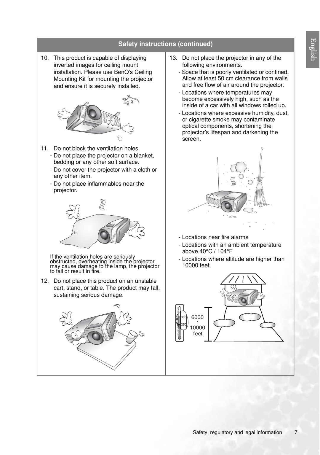 BenQ PE7700 user manual Safety instructions continued, Do not block the ventilation holes 