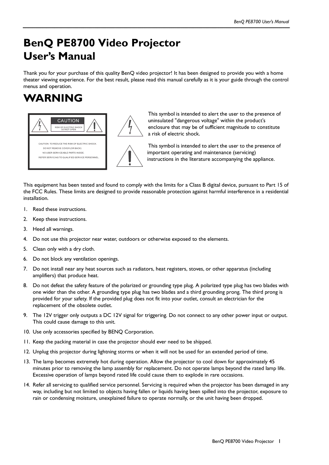 BenQ user manual BenQ PE8700 Video Projector User’s Manual 