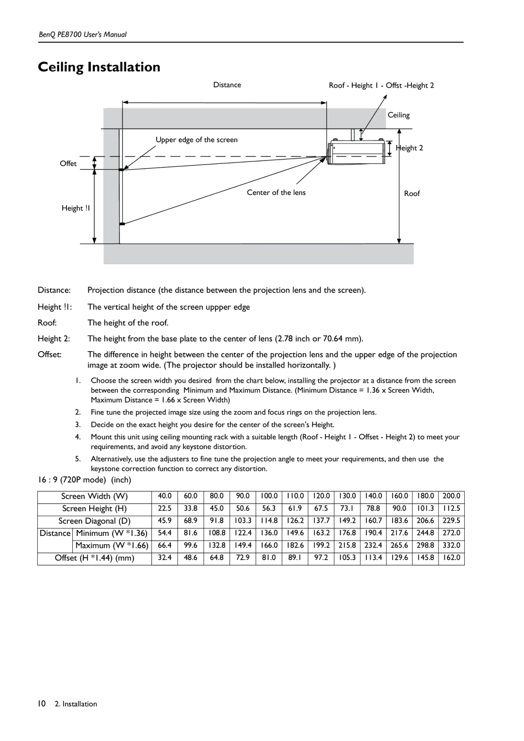 BenQ PE8700 user manual Ceiling Installation, 16 9 720P mode inch Screen Width W 