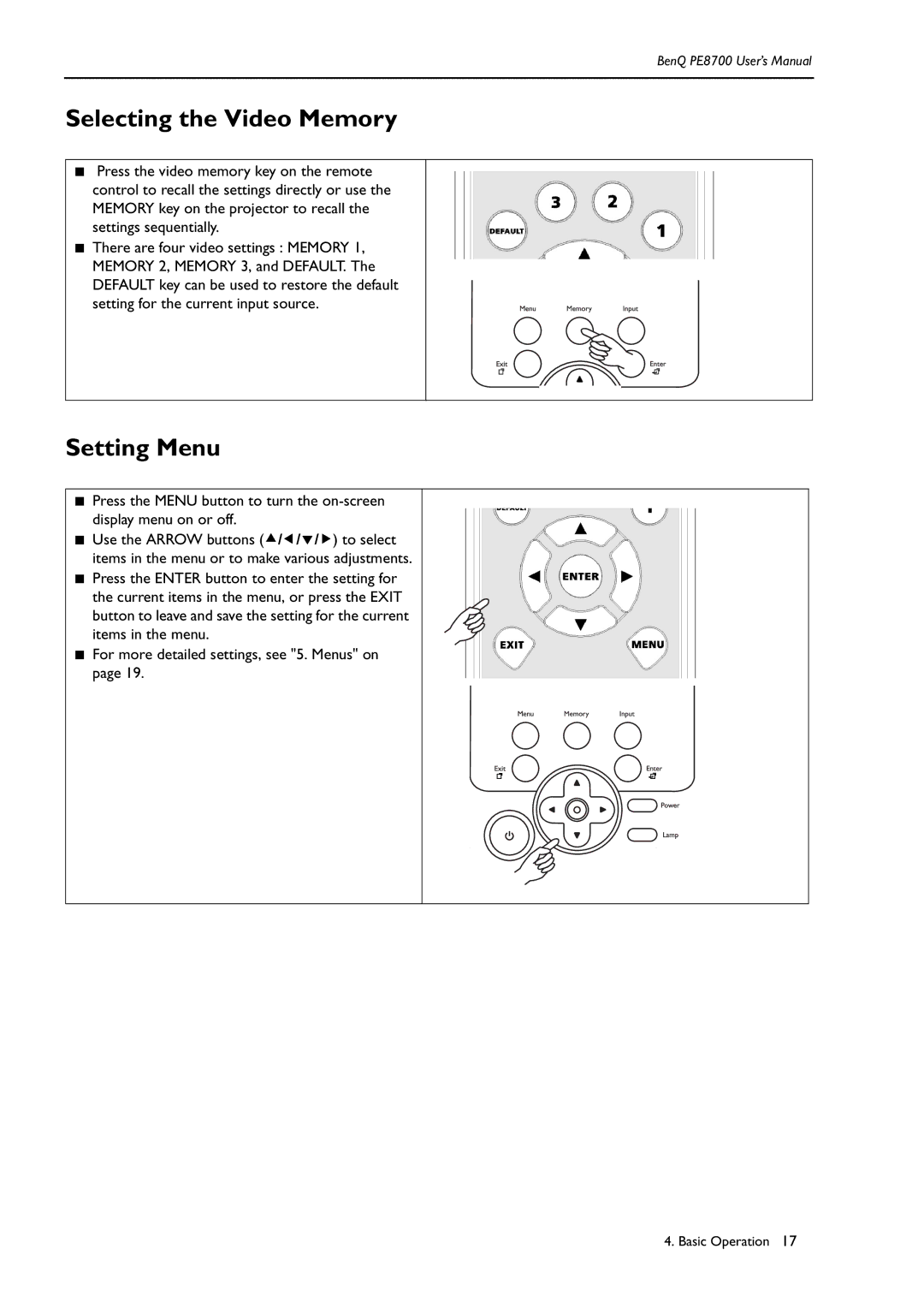 BenQ PE8700 user manual Selecting the Video Memory, Setting Menu 