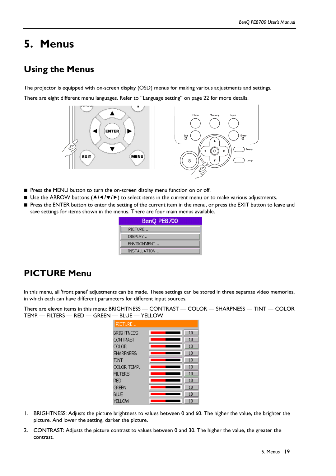 BenQ PE8700 user manual Using the Menus, Picture Menu 