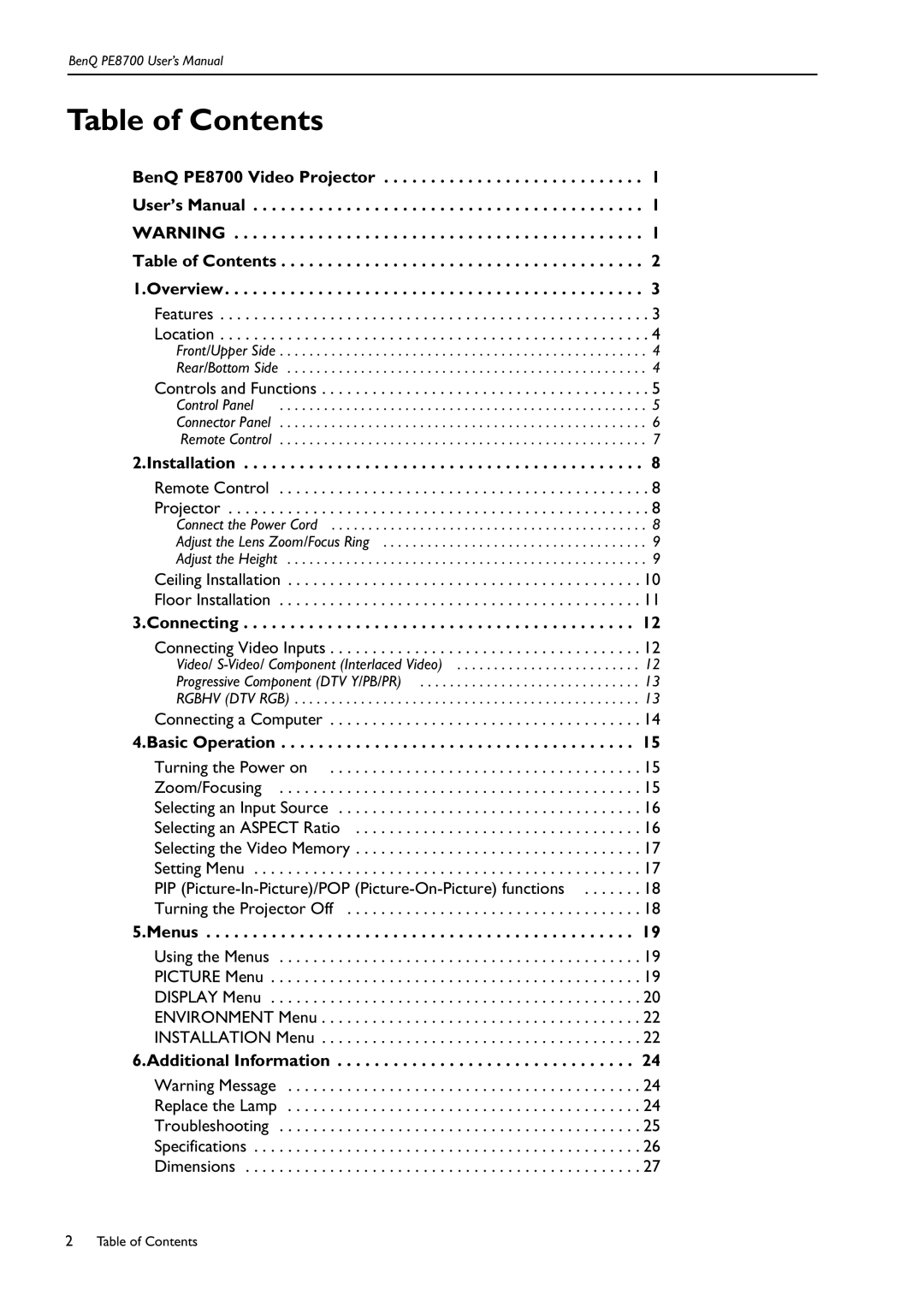 BenQ PE8700 user manual Table of Contents 