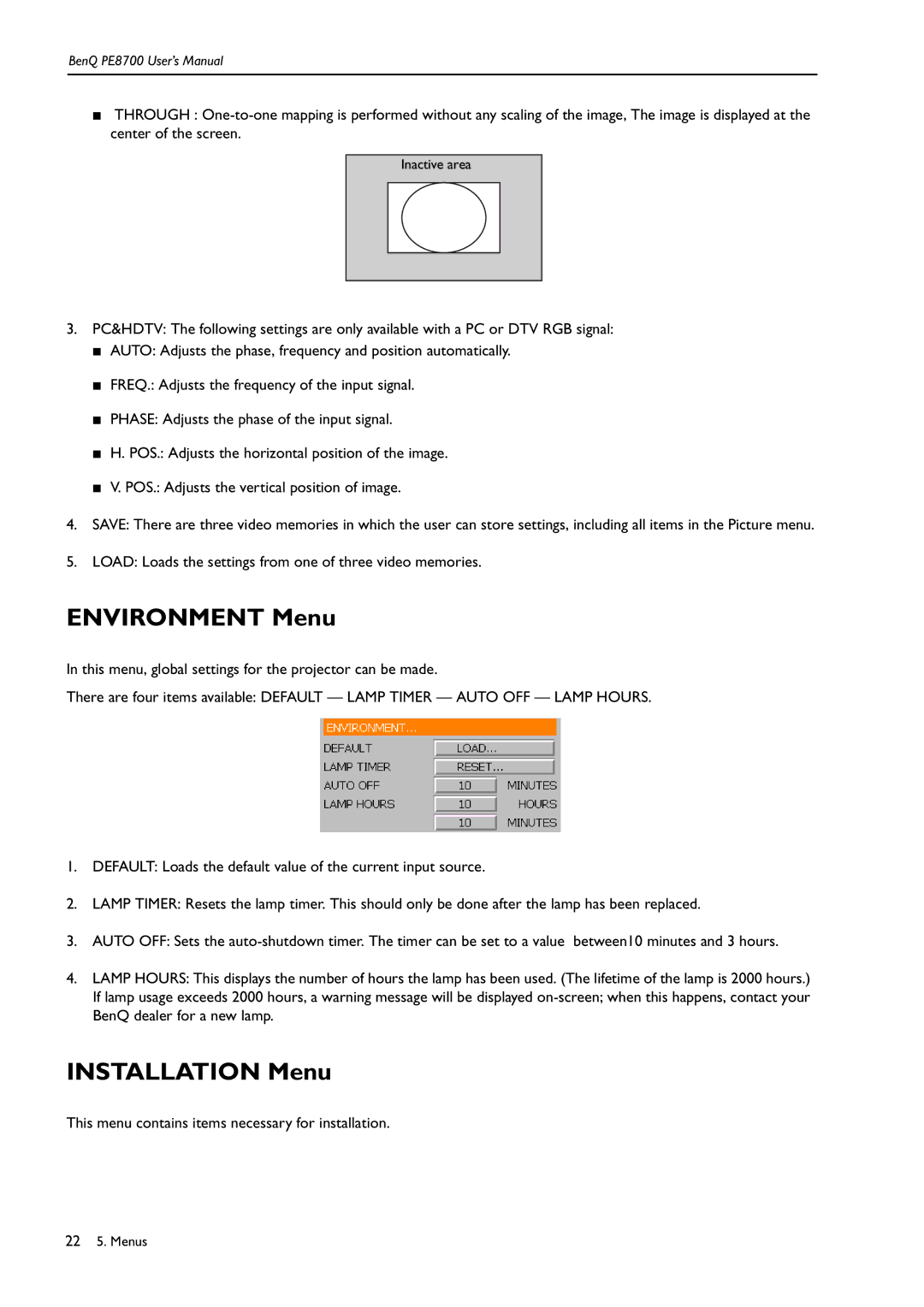 BenQ PE8700 user manual Environment Menu, Installation Menu 