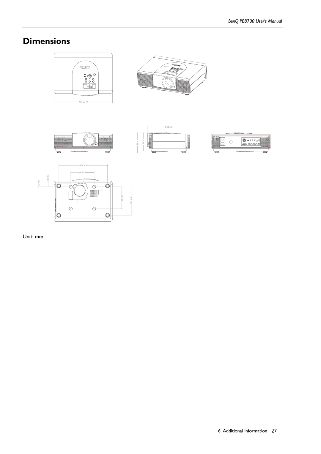 BenQ PE8700 user manual Dimensions 