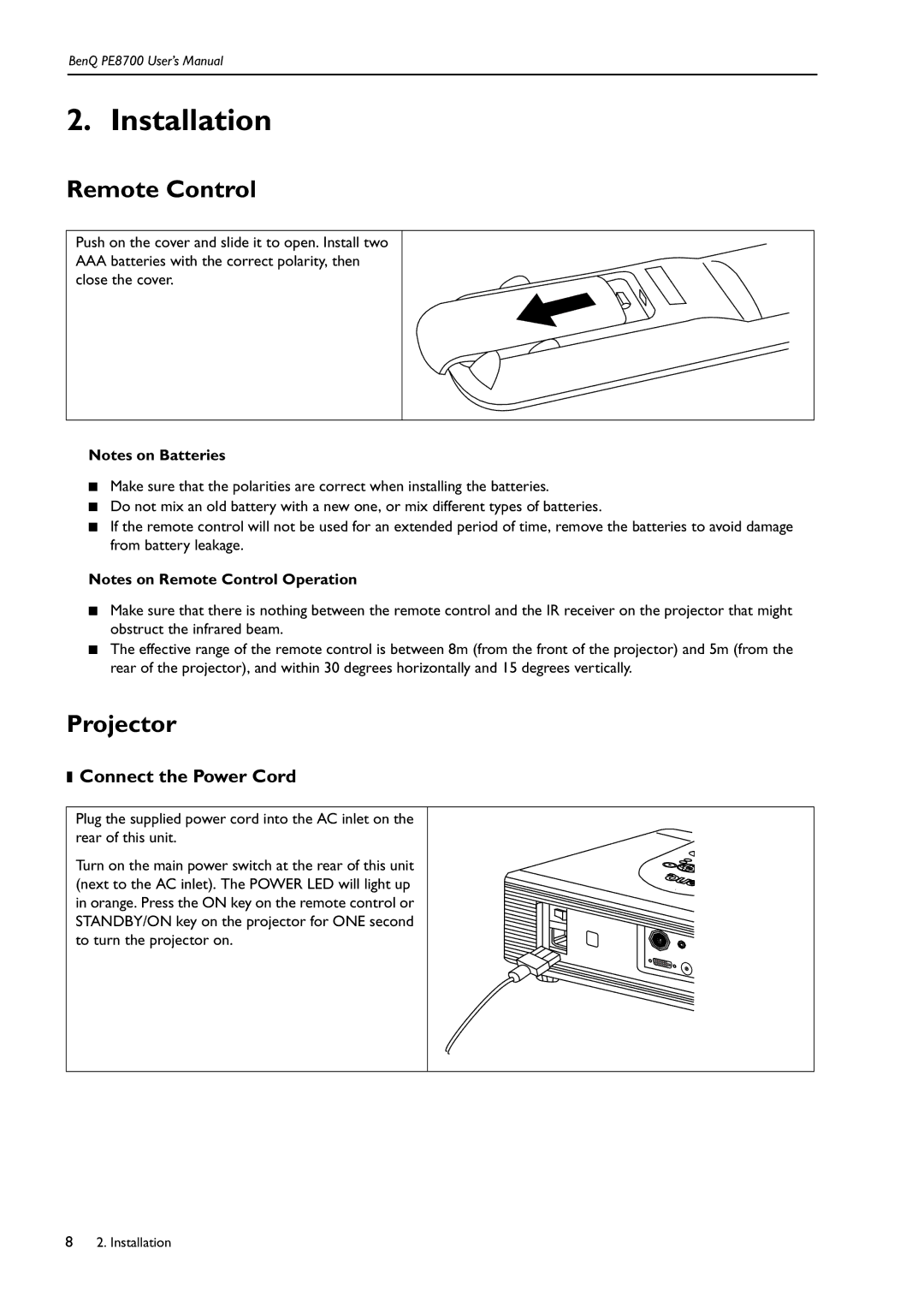 BenQ PE8700 user manual Installation, Remote Control, Projector, Connect the Power Cord 